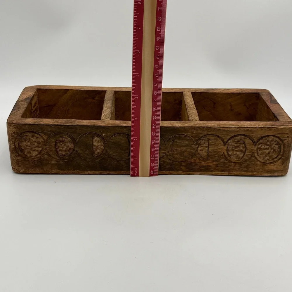 Hand Carved Wooden Triple Moon 3 Compartment Organizer Box Celestial Decor